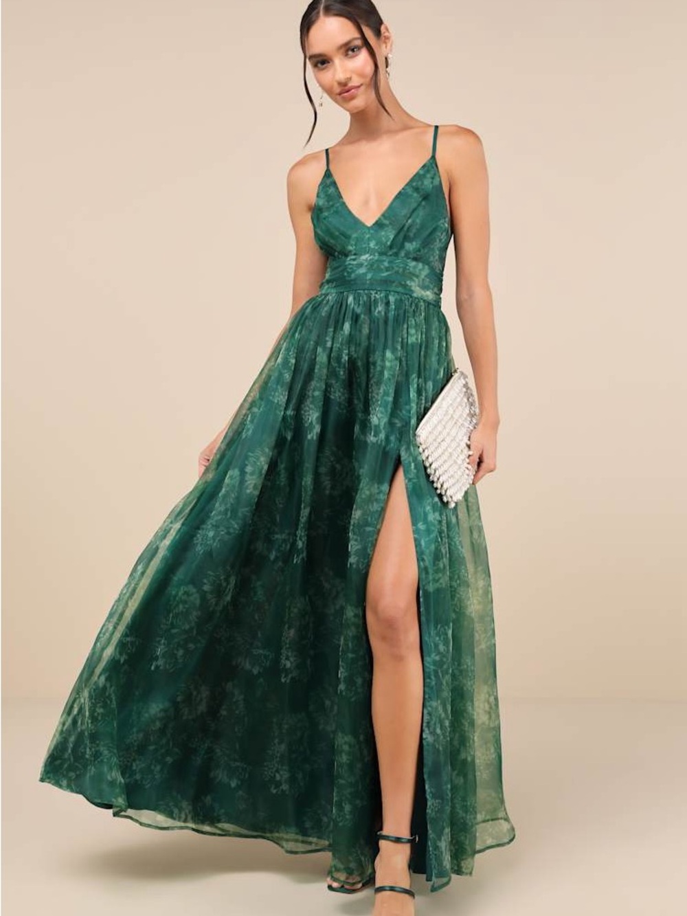 Lulus Romance That Wows V-Neck Organza Maxi Dress Green Floral Print - Picture 13 of 16
